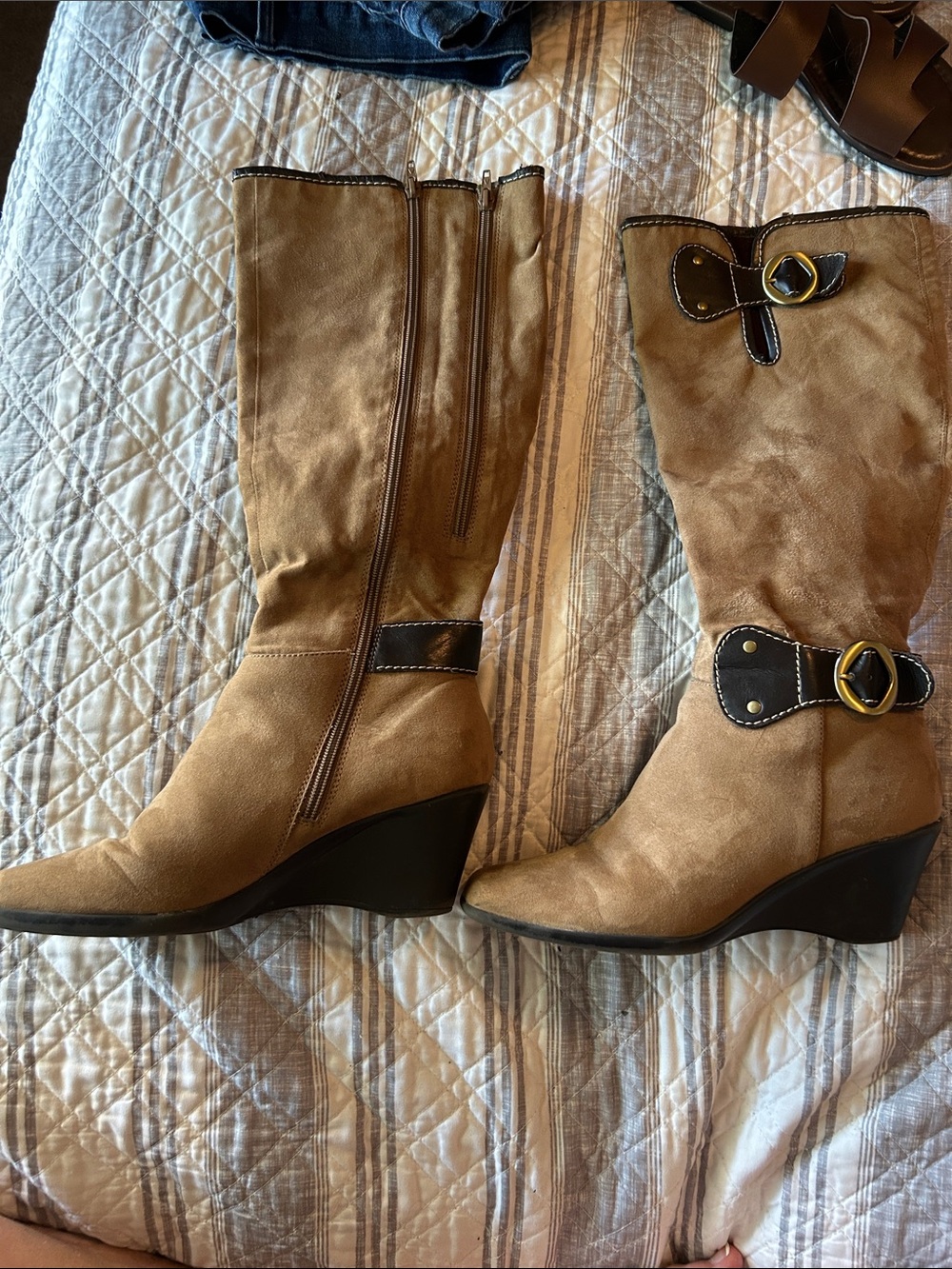 Aerosoles Tan Wedge Mid-Calf Boots with Buckle Detail